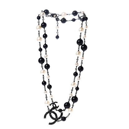 Chanel Pearl Beaded Crystal CC Long Necklace Black Silver 2 of 4