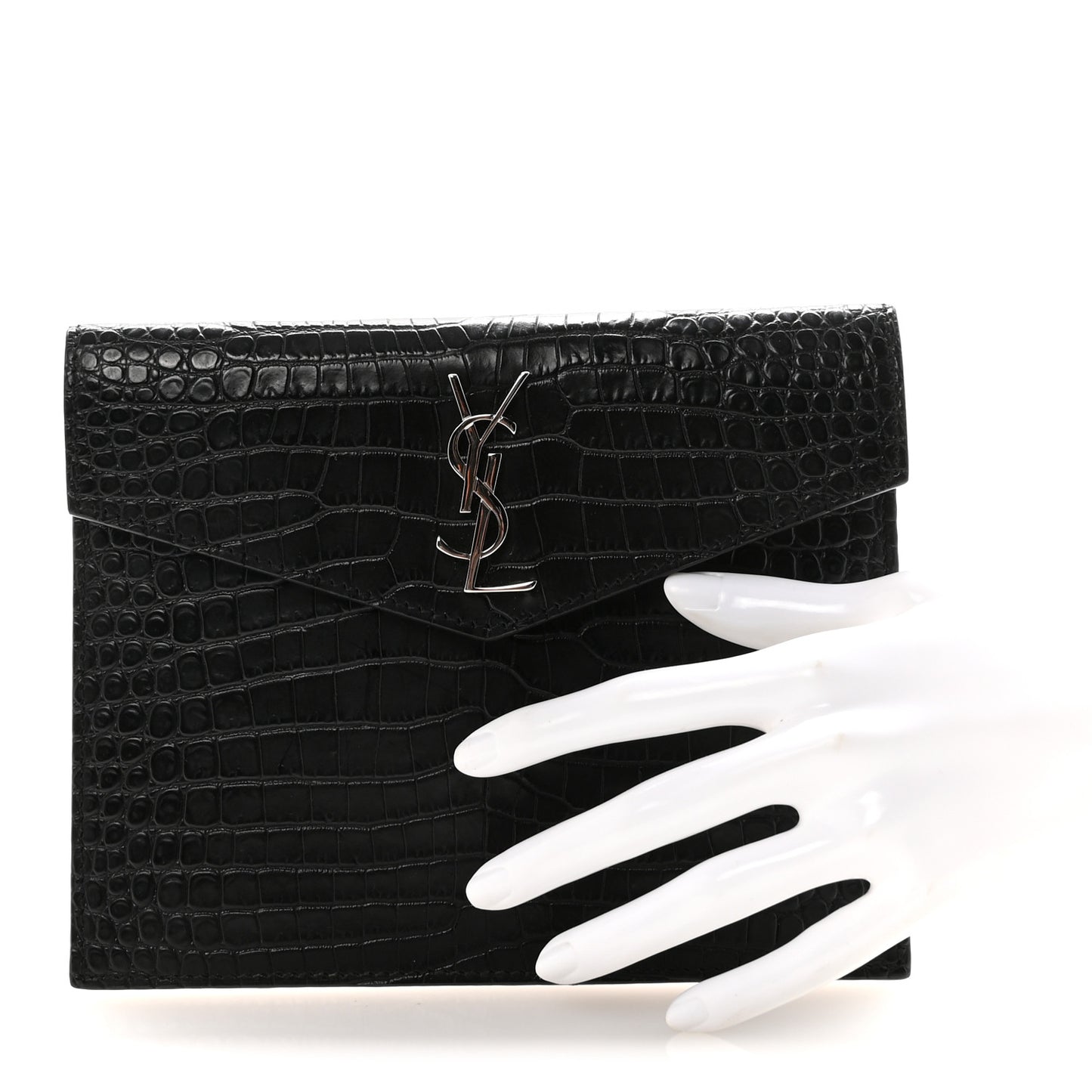 Calfskin Crocodile Embossed Monogram Small Uptown Pouch Black
