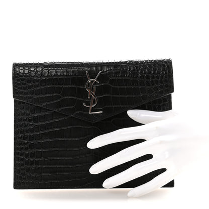 Saint Laurent Calfskin Crocodile Embossed Monogram Small Uptown Pouch Black 2 of 6