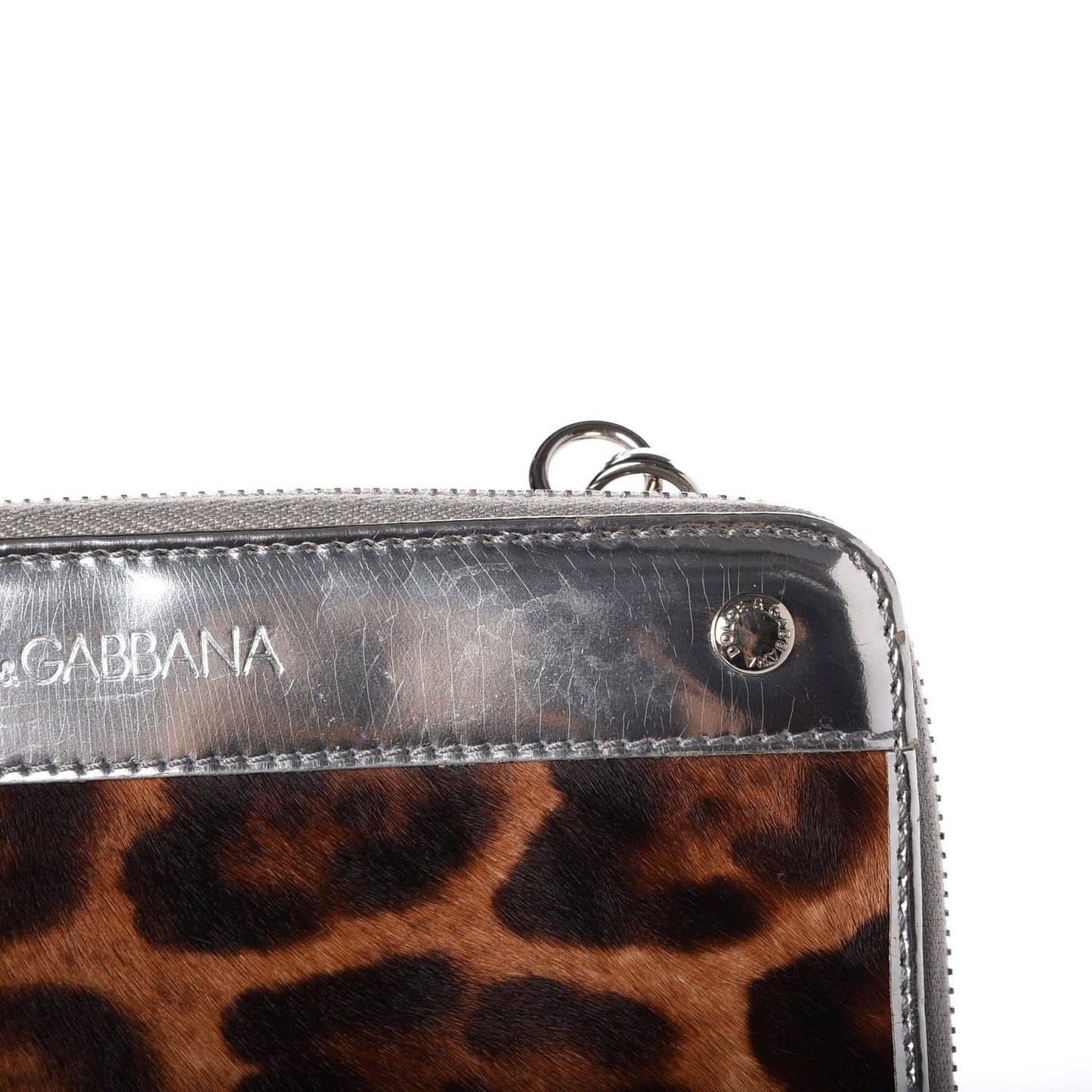 Metallic Patent Calf Hair Zip Around Wallet on Chain Silver Leopard