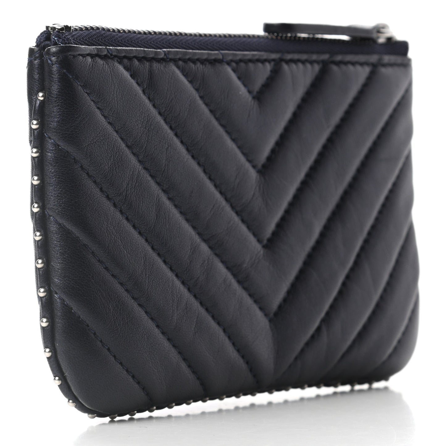 Lambskin Chevron Quilted Studded Small Cosmetic Case Dark Navy