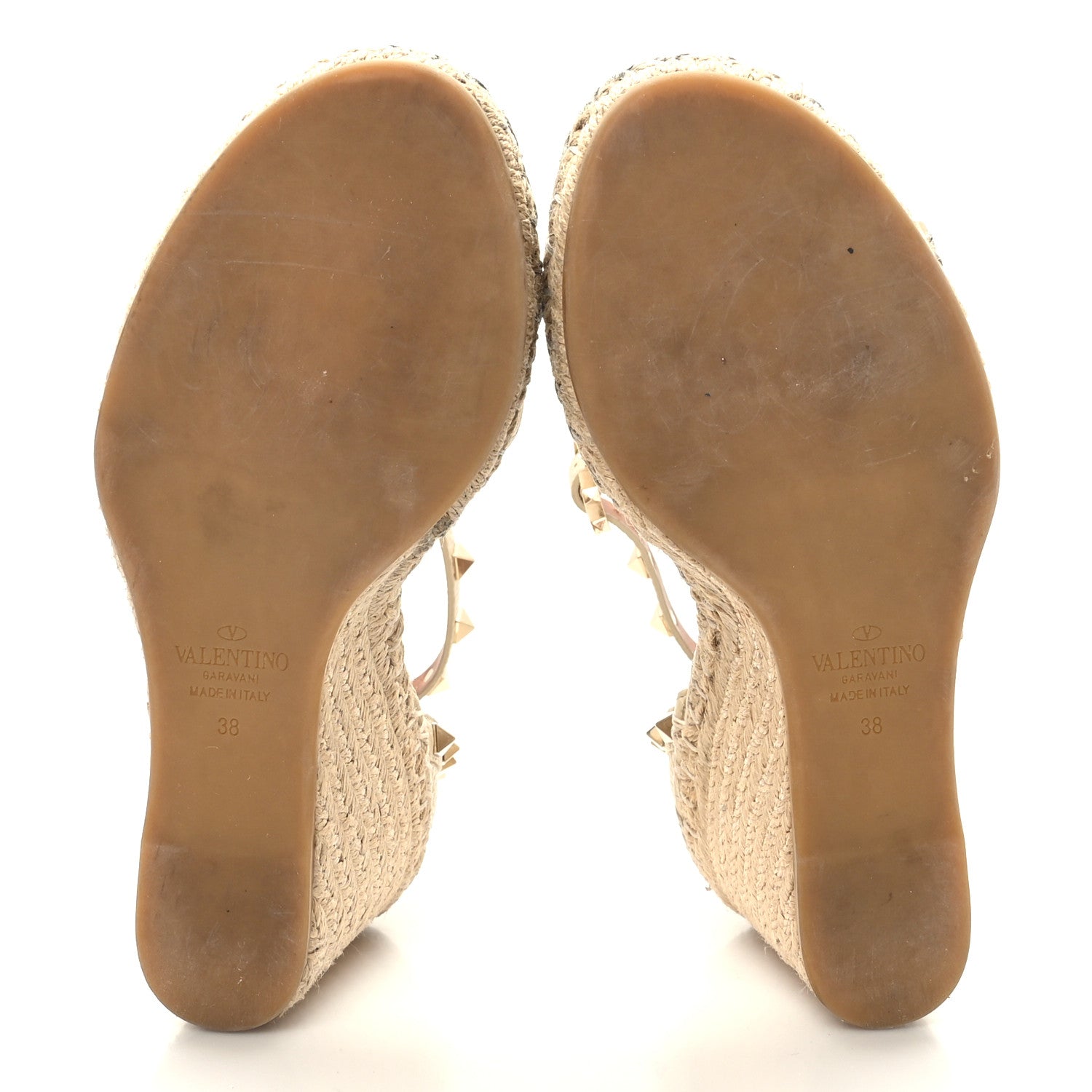 Valentino Garavani Grained Calfskin Rockstud Ankle Strap Espadrille 15/105mm Wedge Sandals 38 Light Ivory Natural 5 of 8
