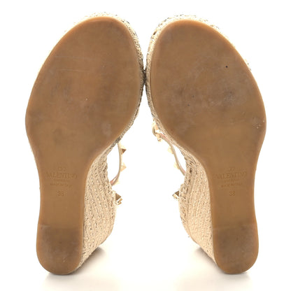 Valentino Garavani Grained Calfskin Rockstud Ankle Strap Espadrille 15/105mm Wedge Sandals 38 Light Ivory Natural 5 of 8