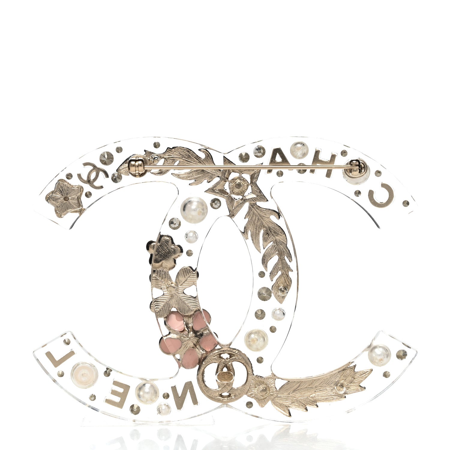 Chanel Resin Pearl Crystal Feather Star CC Brooch Transparent Gold 3 of 4