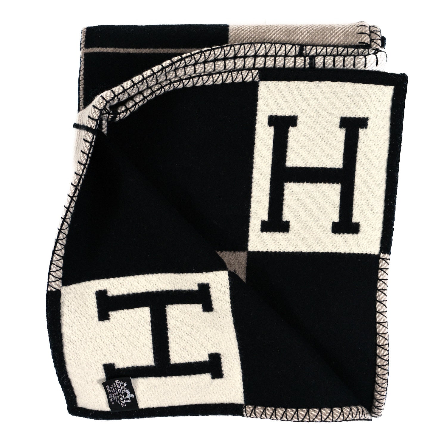 Hermes Wool Cashmere Avalon III Blanket Ecru Black 2 of 3