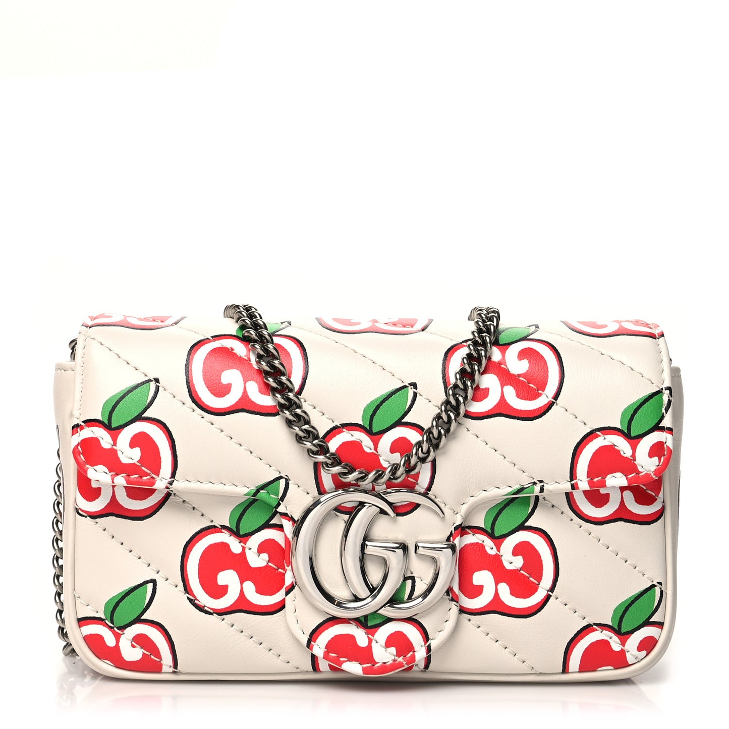 Calfskin Matelasse Diagonal GG Apple Super Mini GG Marmont Shoulder Bag Ivory