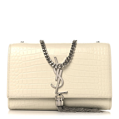 Saint Laurent Calfskin Crocodile Embossed Small Classic Monogram Kate Tassel Satchel Blanc Vintage 1 of 10