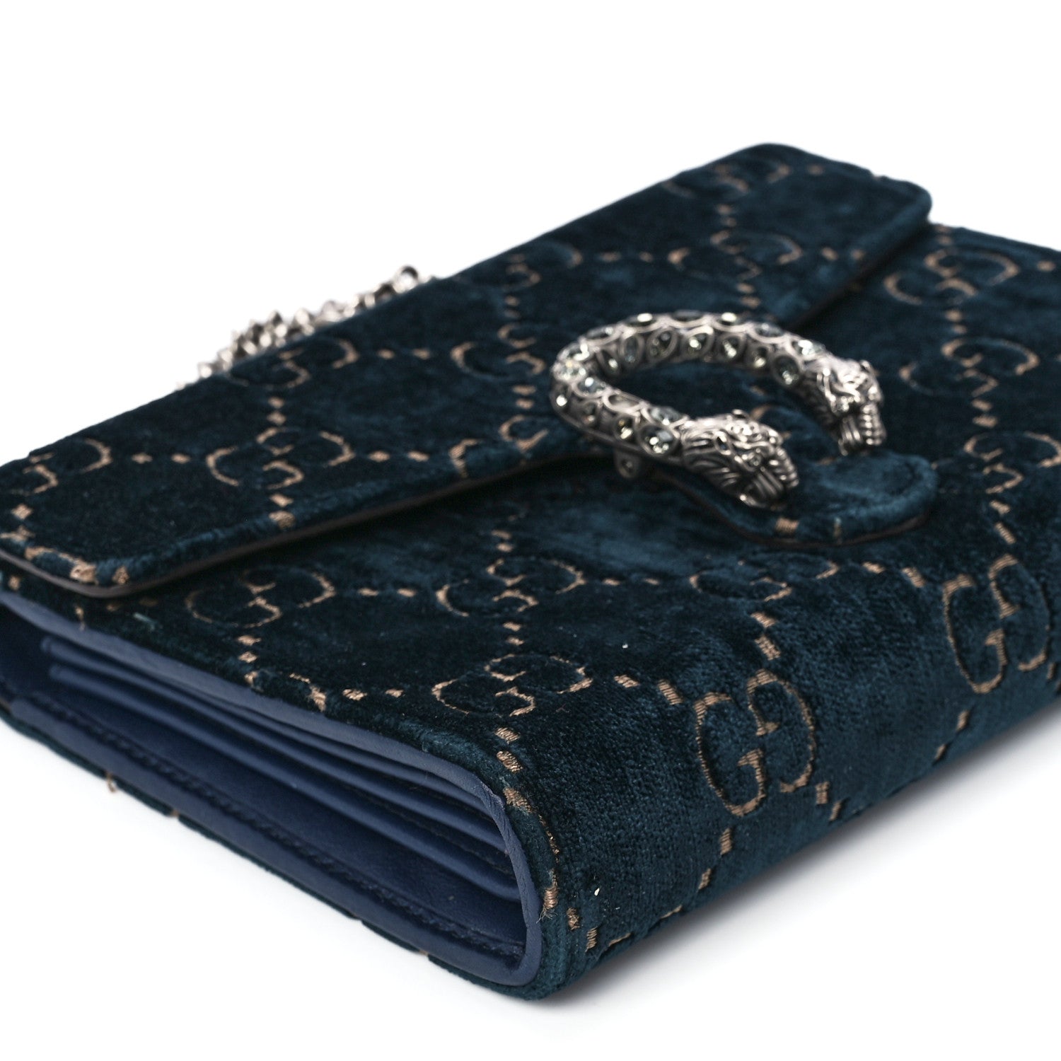 Gucci Velvet GG Monogram Mini Dionysus Chain Wallet Blue Beige Black 10 of 11