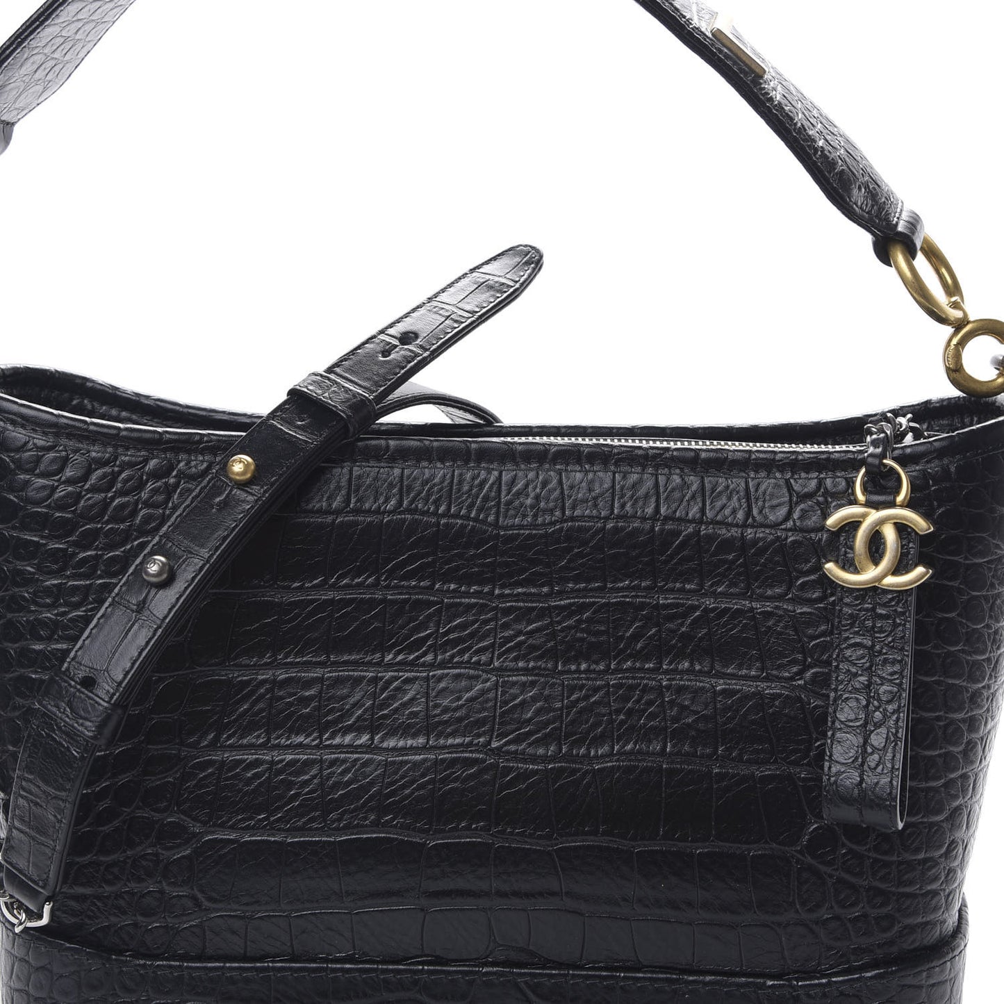 Crocodile Embossed Calfskin Medium Gabrielle Cocodile Hobo Black