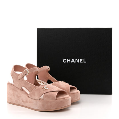 Chanel Suede Calfskin Peep Toe Wedge Sandals 39 Light Pink 13 of 13