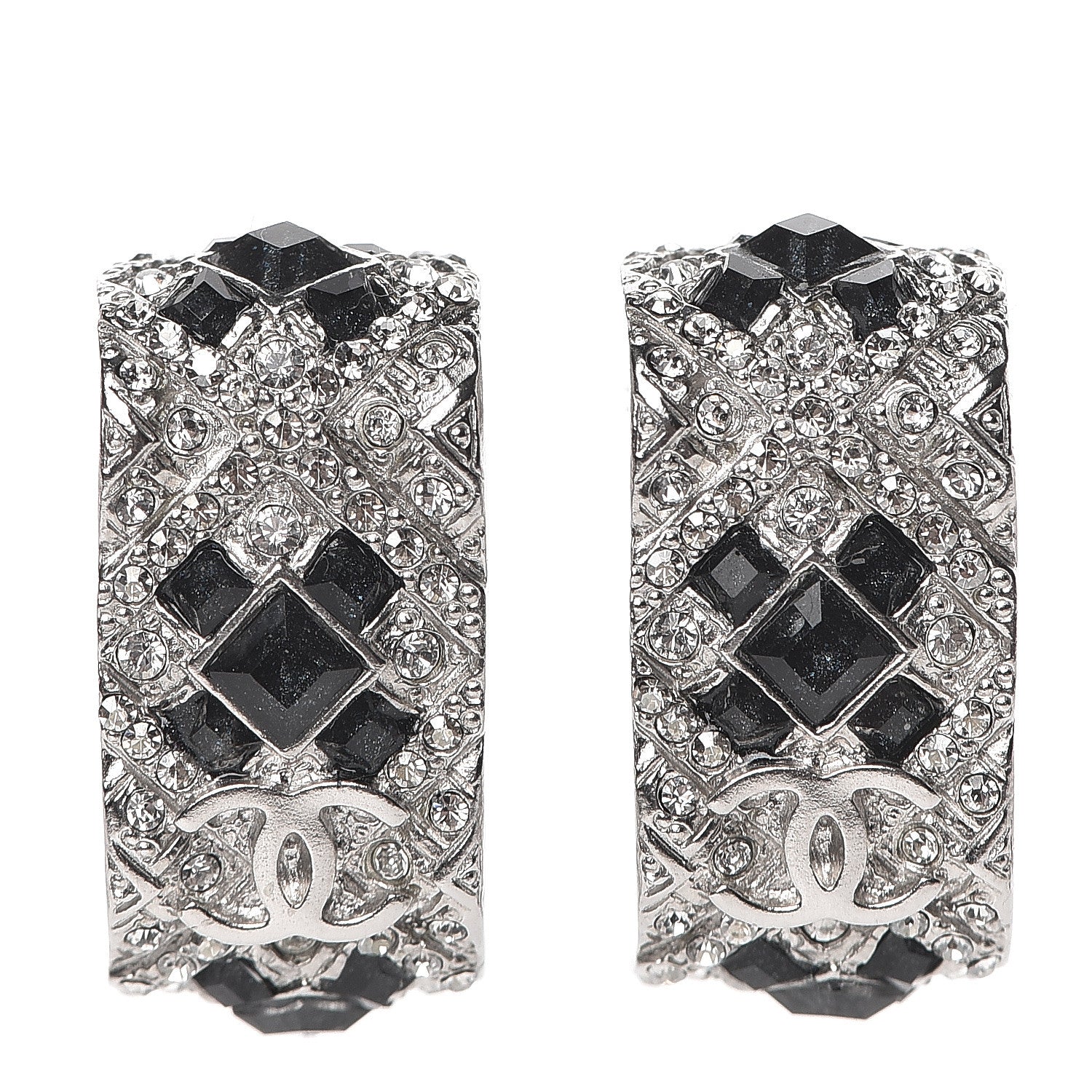 Chanel Crystal CC Hoop Earrings Black Silver 1 of 5