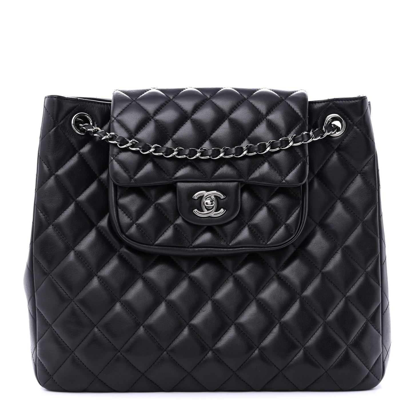 Lambskin Quilted Front Flap Tote Black