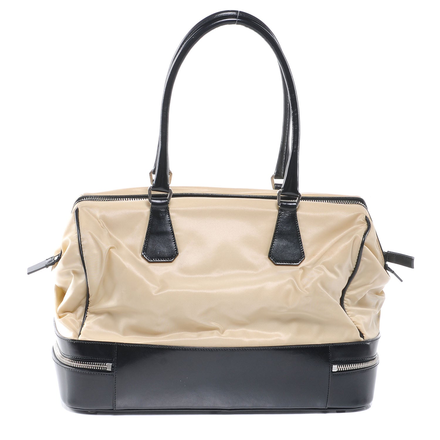 Prada Tessuto Nylon Leather Travel Tote Beige Black 3 of 7