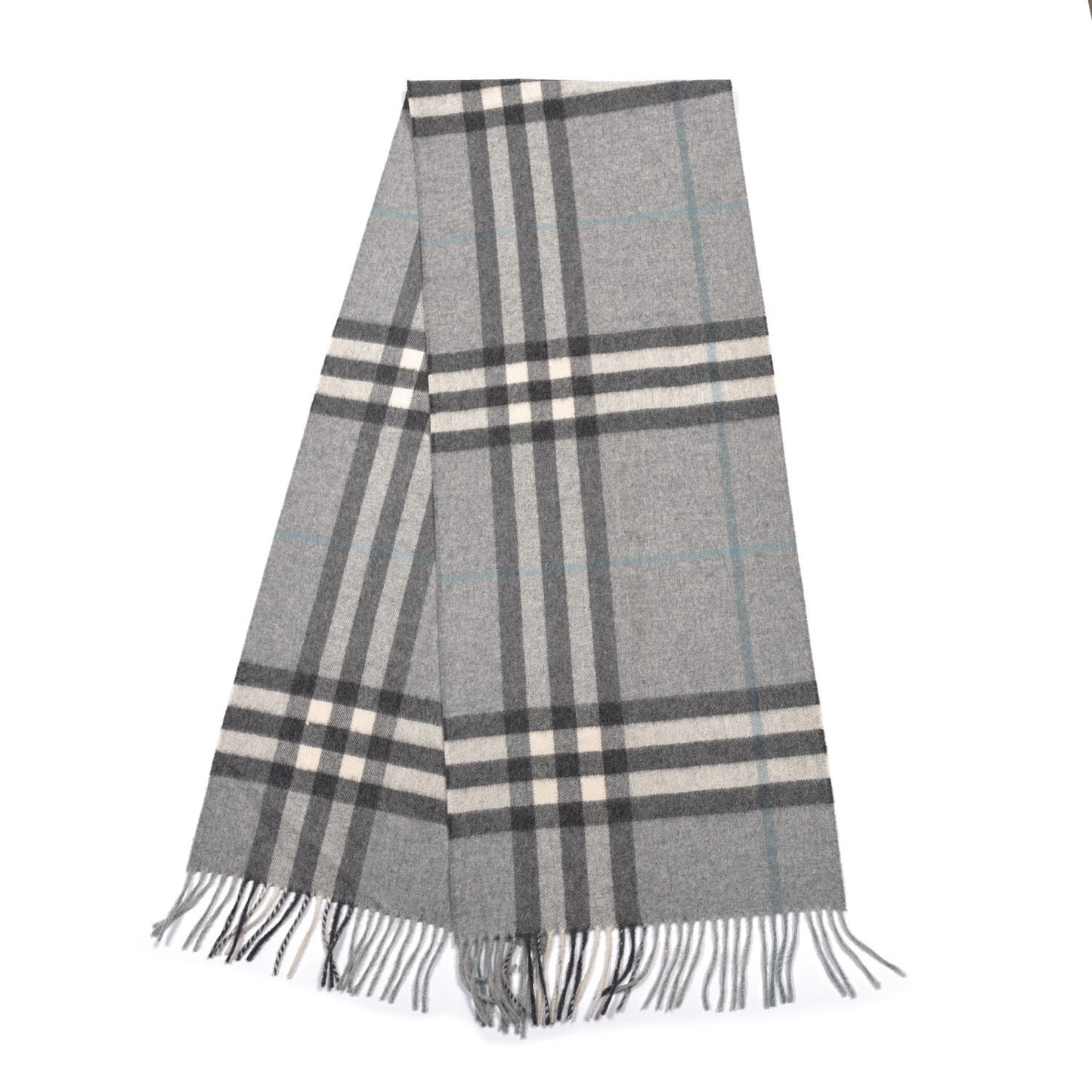 Cashmere Giant Check Fringe Scarf Pale Grey