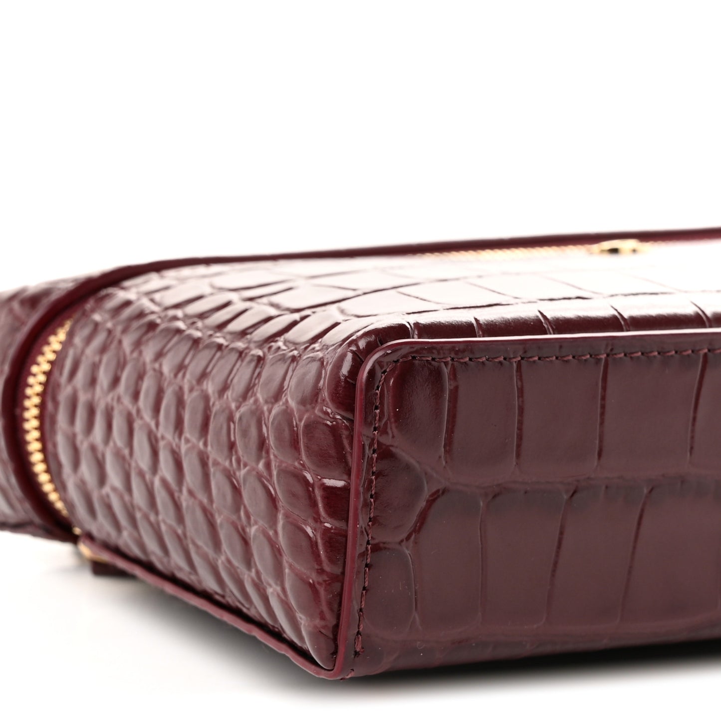 Calfskin Crocodile Embossed Top Handle Slim Vanity With Chain Dark Burgundy