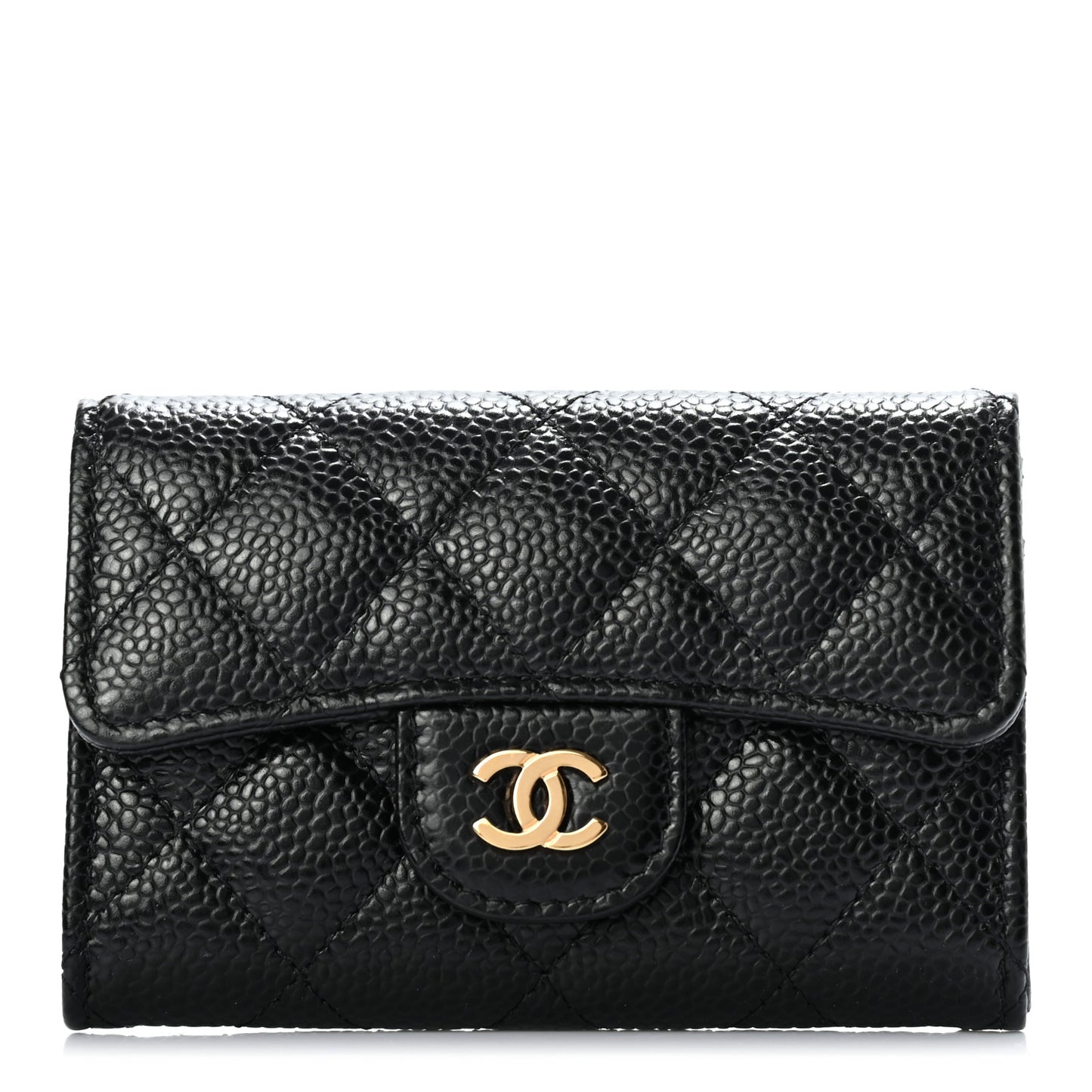 Caviar Quilted Flap Card Holder Wallet Black