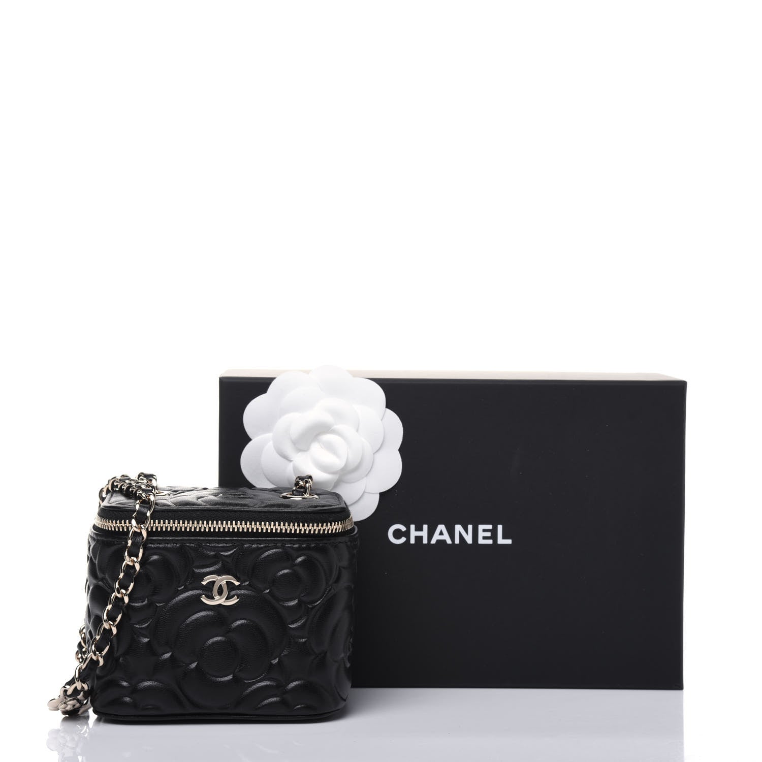 Chanel Lambskin Camellia Embossed Mini Vanity Case With Chain Black 10 of 10
