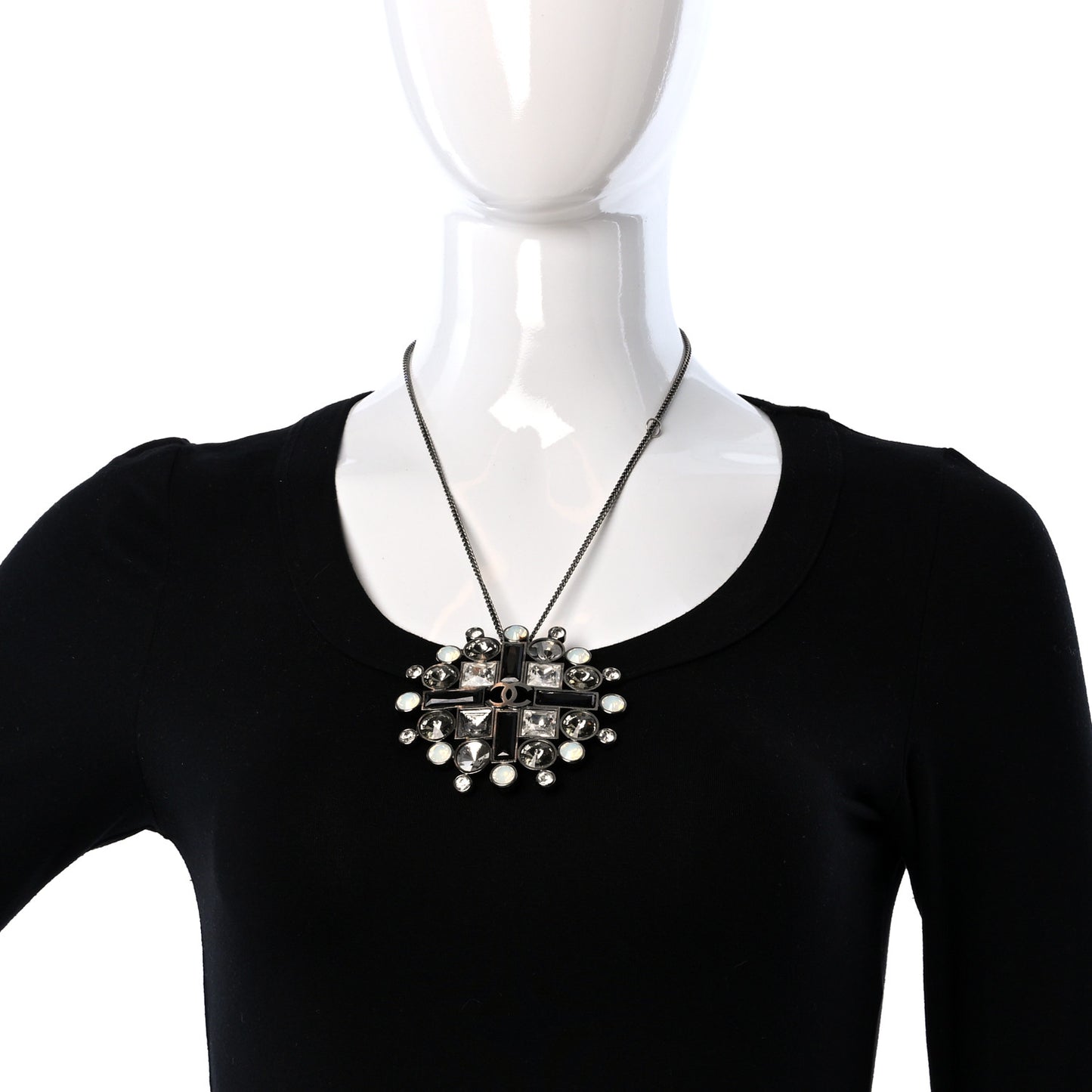 Gripoix Glitter Crystal CC Pendant Necklace Ruthenium Black