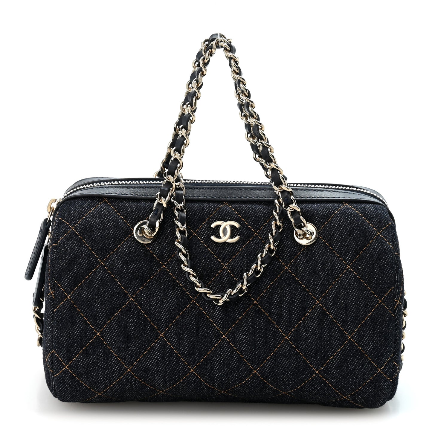 Denim Quilted Barrel Clutch With Chain Dark Blue Orange