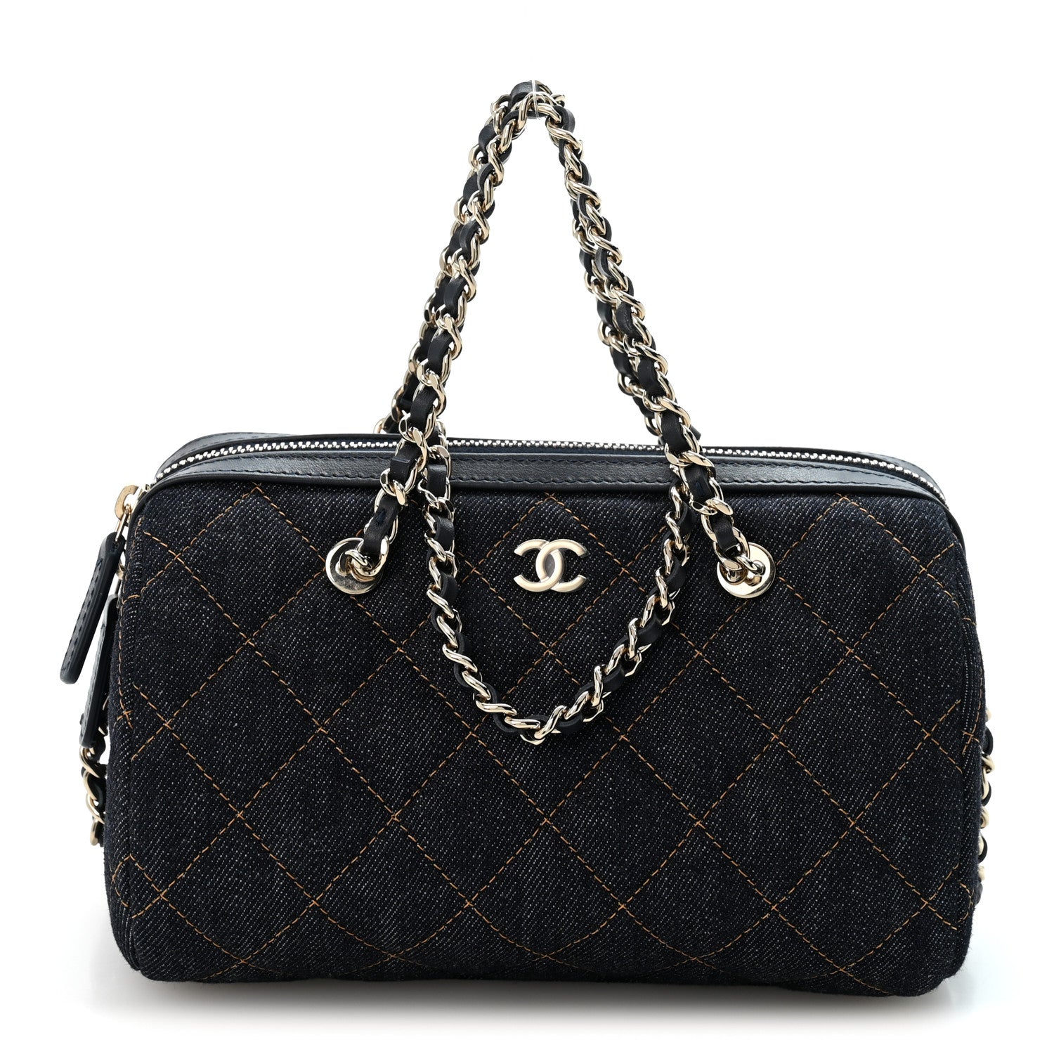 Chanel Denim Quilted Barrel Clutch With Chain Dark Blue Orange 1 of 10