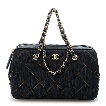 Chanel Denim Quilted Barrel Clutch With Chain Dark Blue Orange 1 of 10