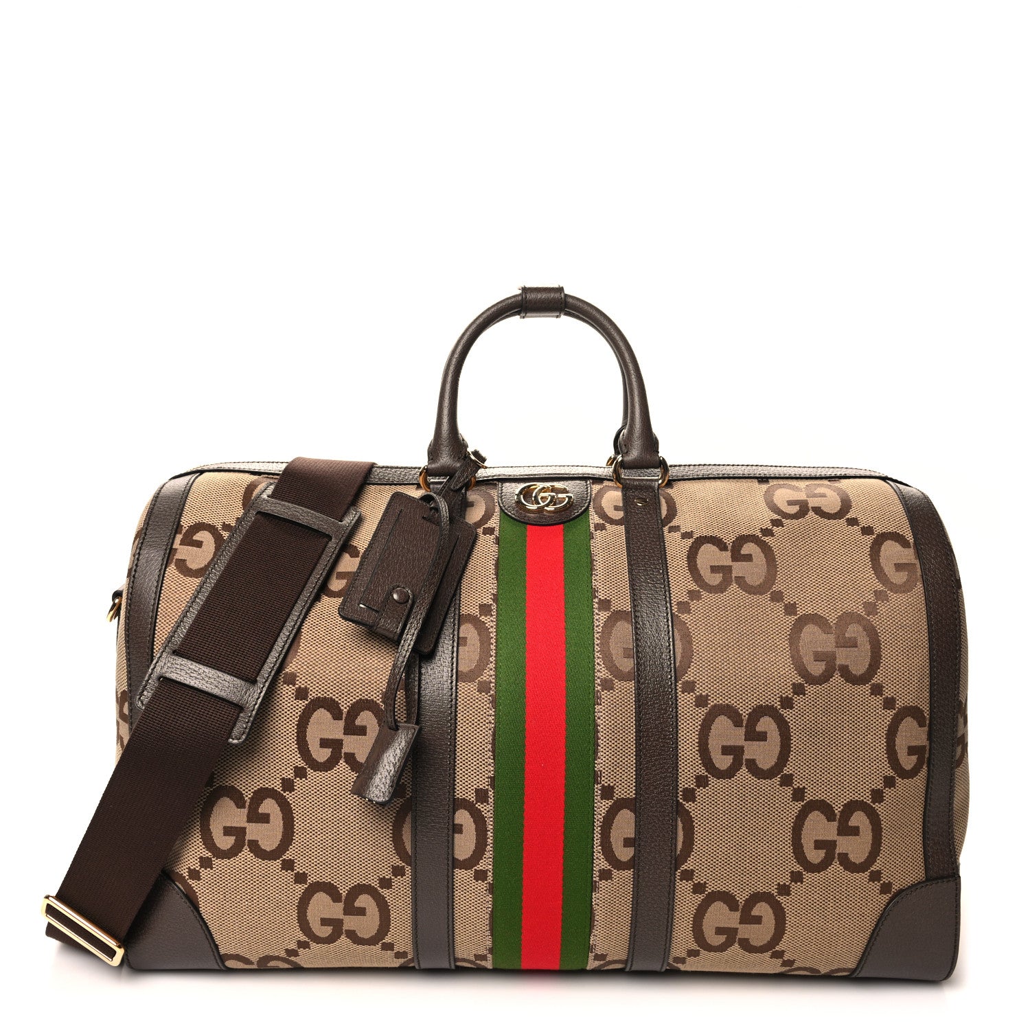 Gucci Monogram Jumbo GG Textured Dollar Calfskin Web Large Duffle Bag Camel Ebony 1 of 12