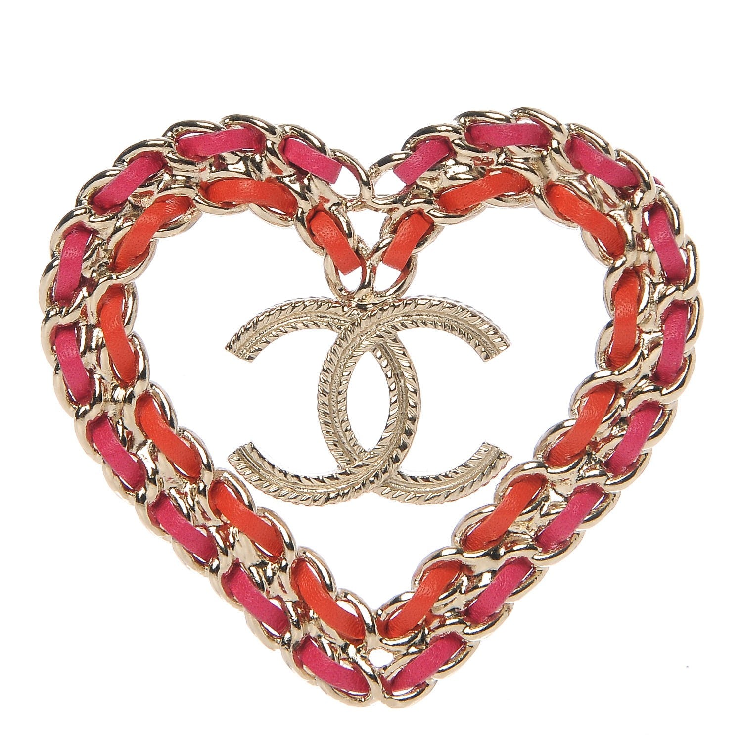 Chanel Metal Calfskin Braided Heart CC Brooch Pink Red Gold 1 of 5