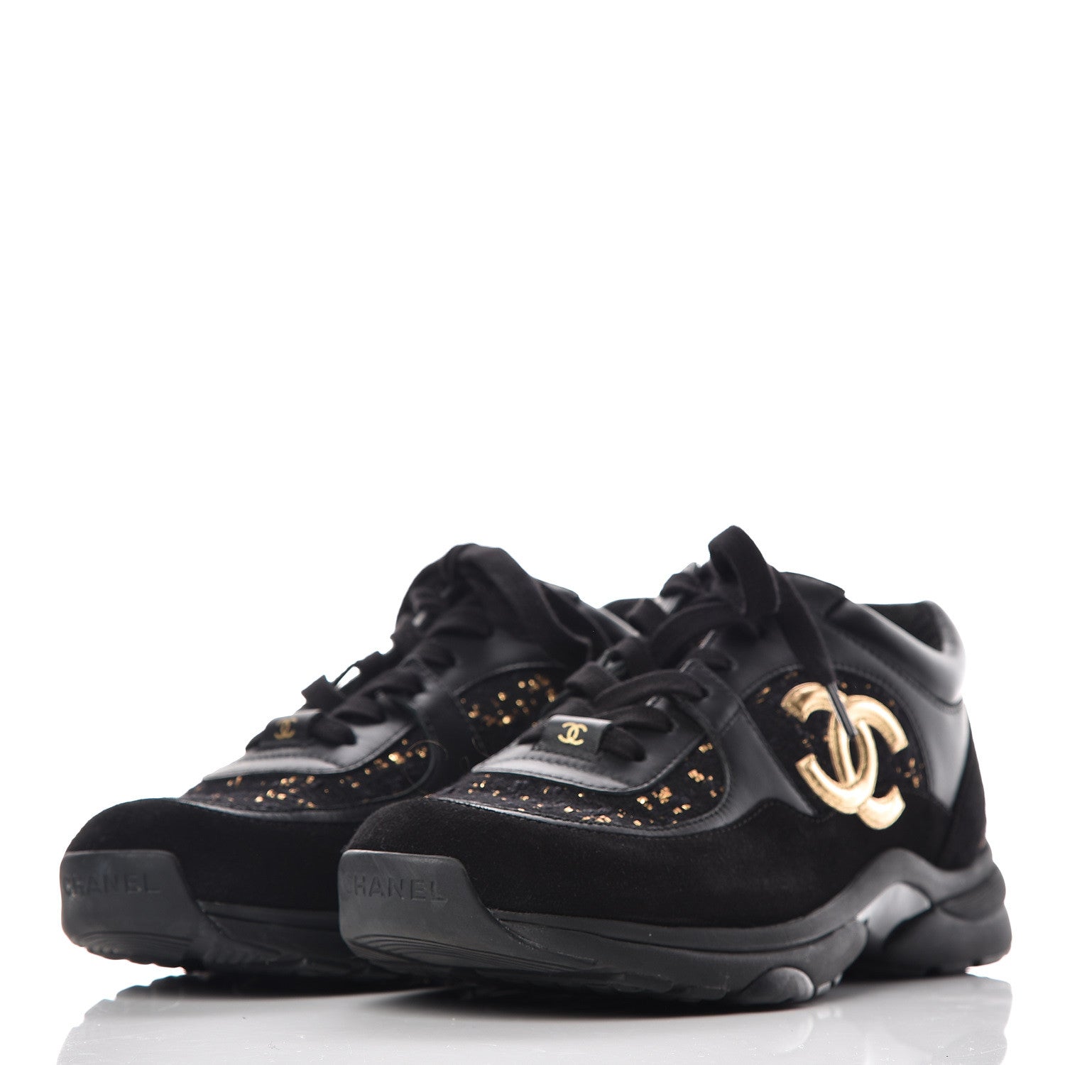 Chanel Velour Tweed CC Sneakers 37.5 Black Gold 3 of 8