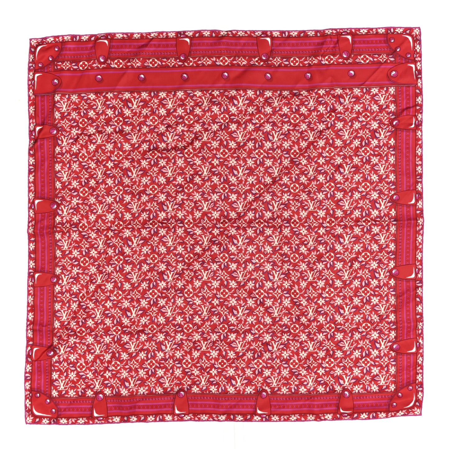 Silk Monogram Trunk Floral Print Square Scarf Red Multicolor