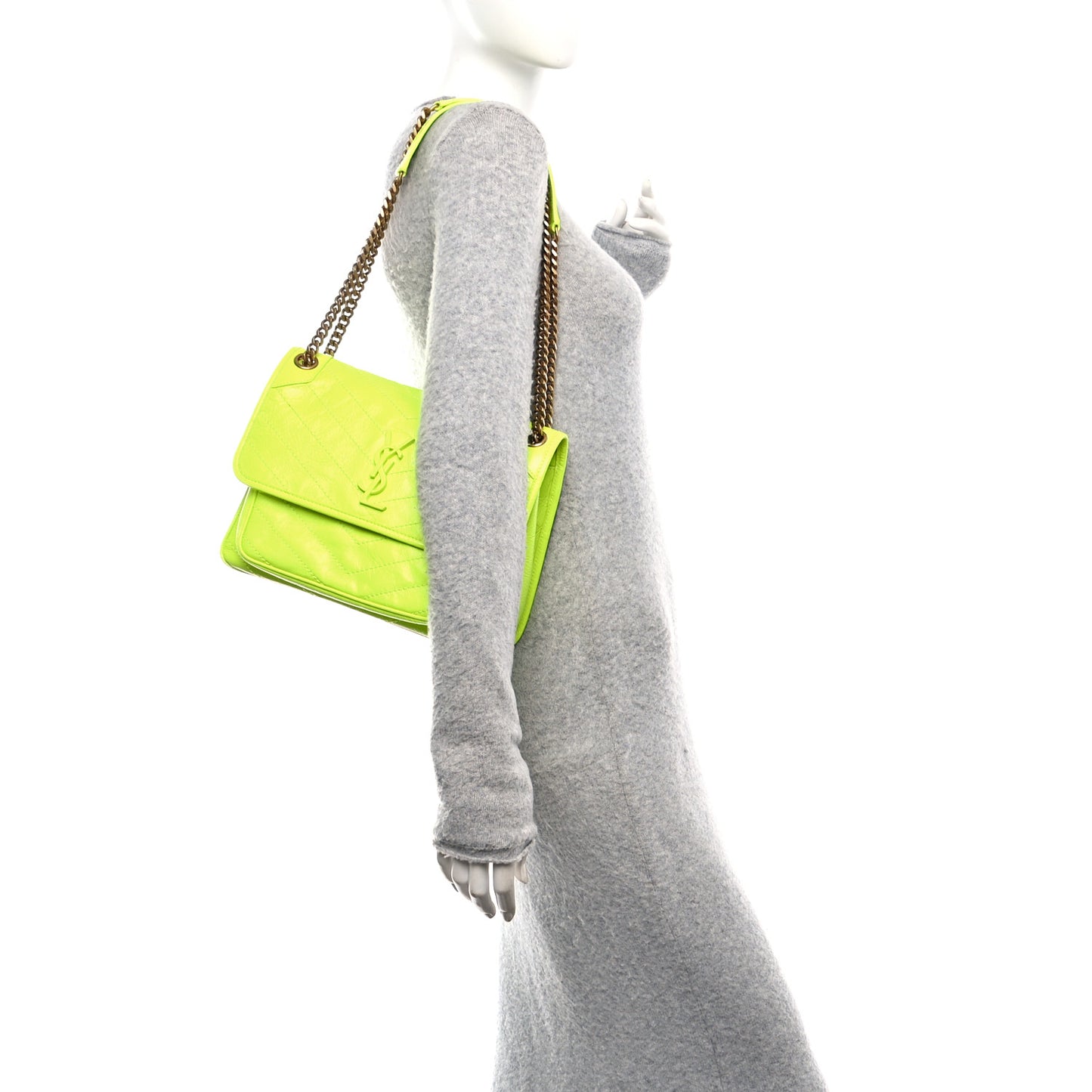 Crinkled Calfskin Matelasse Monogram Medium Niki Chain Satchel Neon Yellow