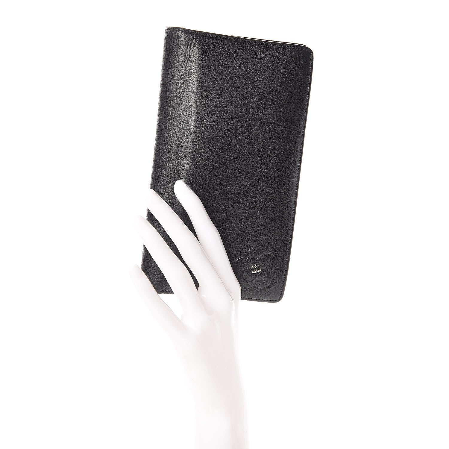 Chanel Goatskin Camellia Embossed Yen Wallet Black 2 of 13