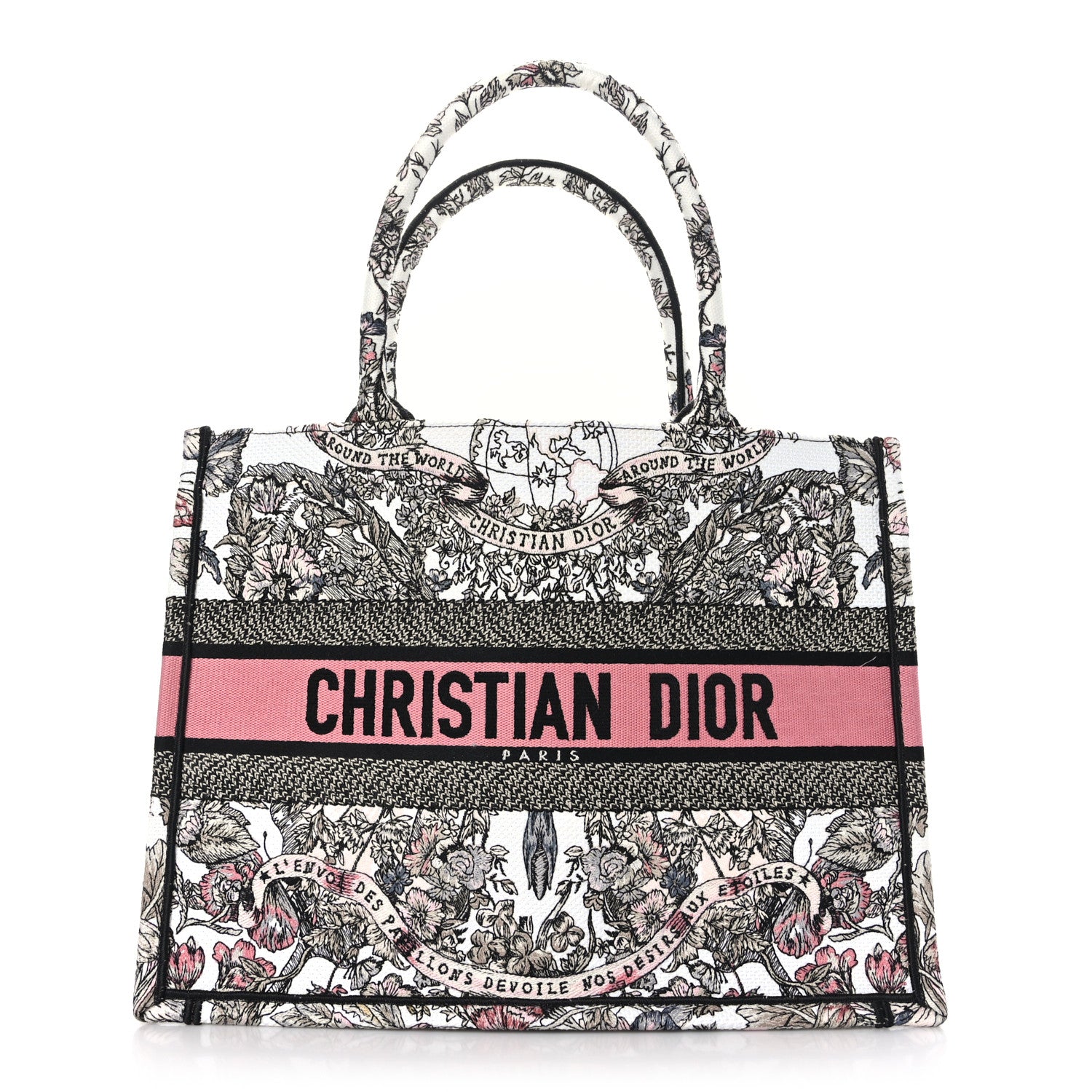 Christian Dior Canvas Embroidered Medium Butterfly Around The World Book Tote White Pastel Pink 1 of 9
