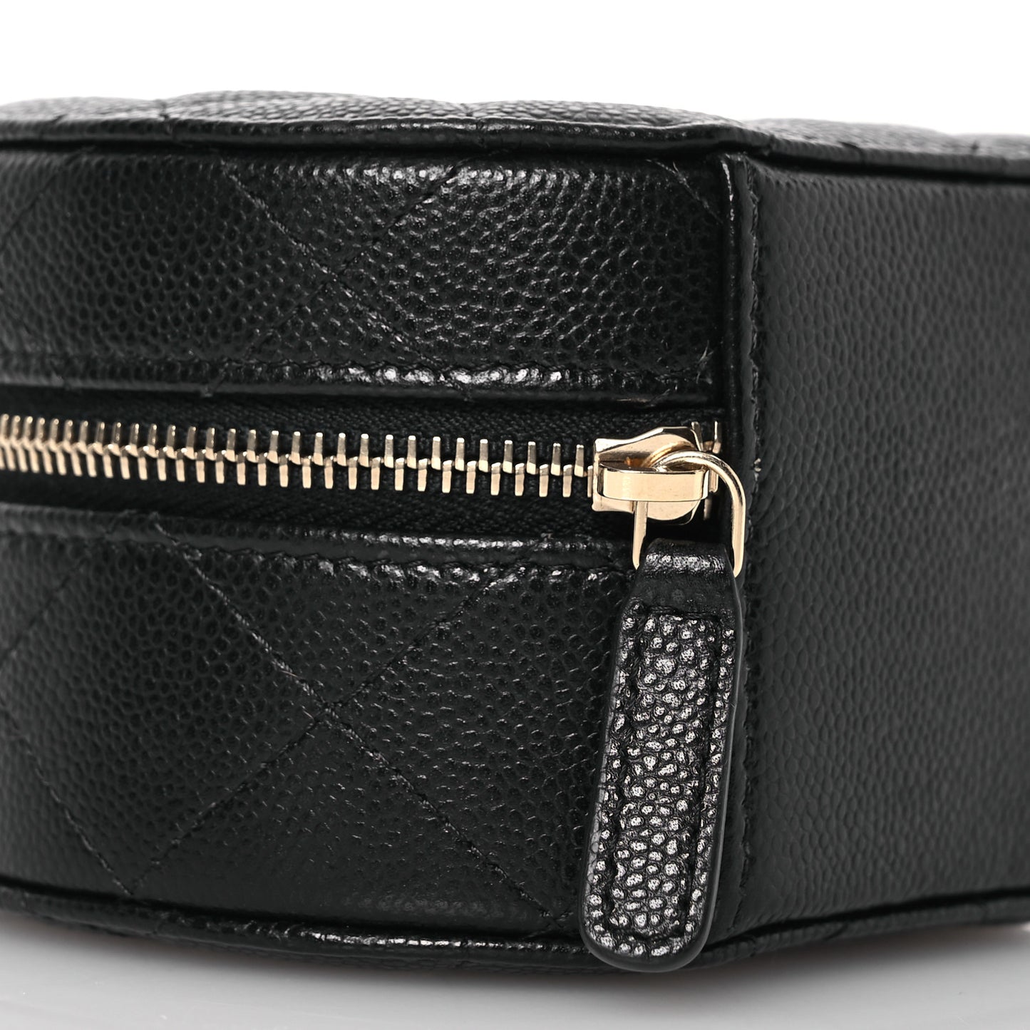Caviar Quilted Round Top Handle Jewelry Case With Chain Black