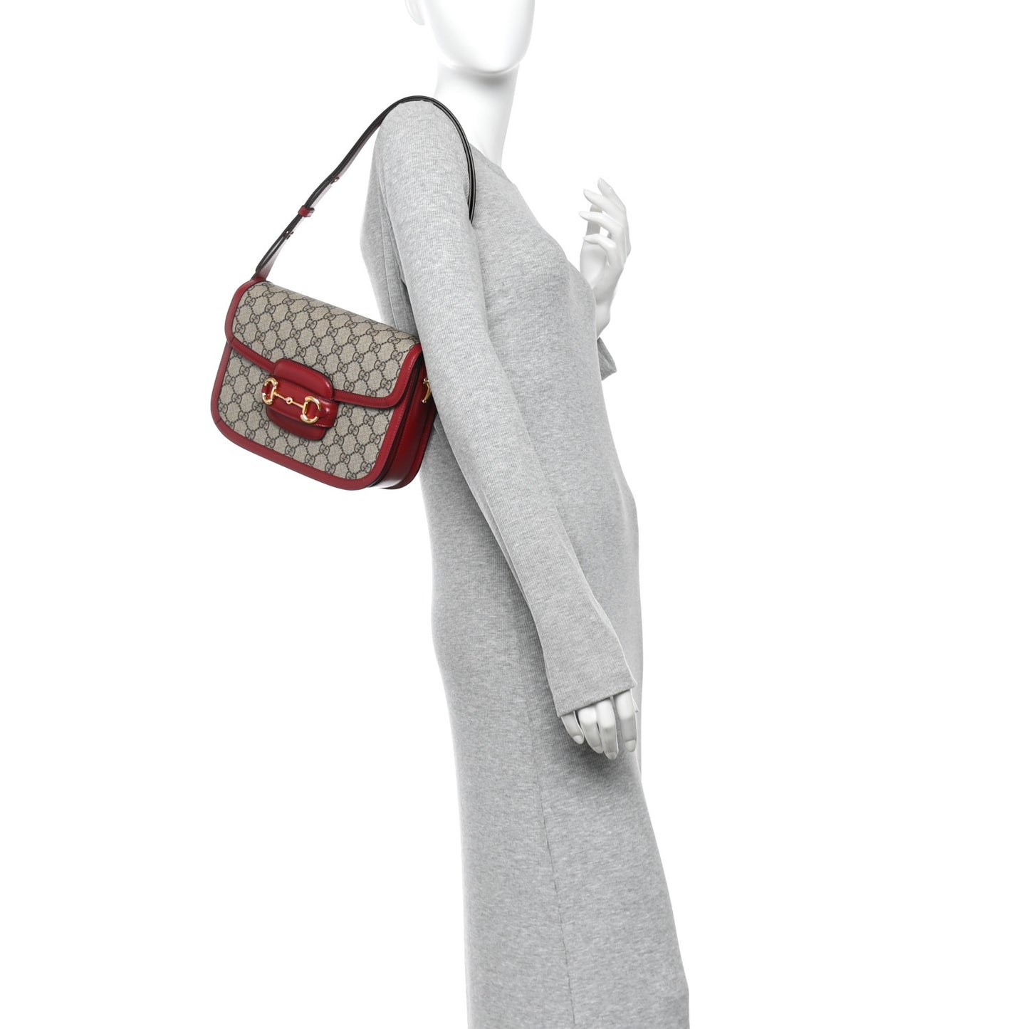 GG Supreme Monogram Azalea Calfskin Horsebit 1955 Shoulder Bag Beige Ebony New Cherry Red