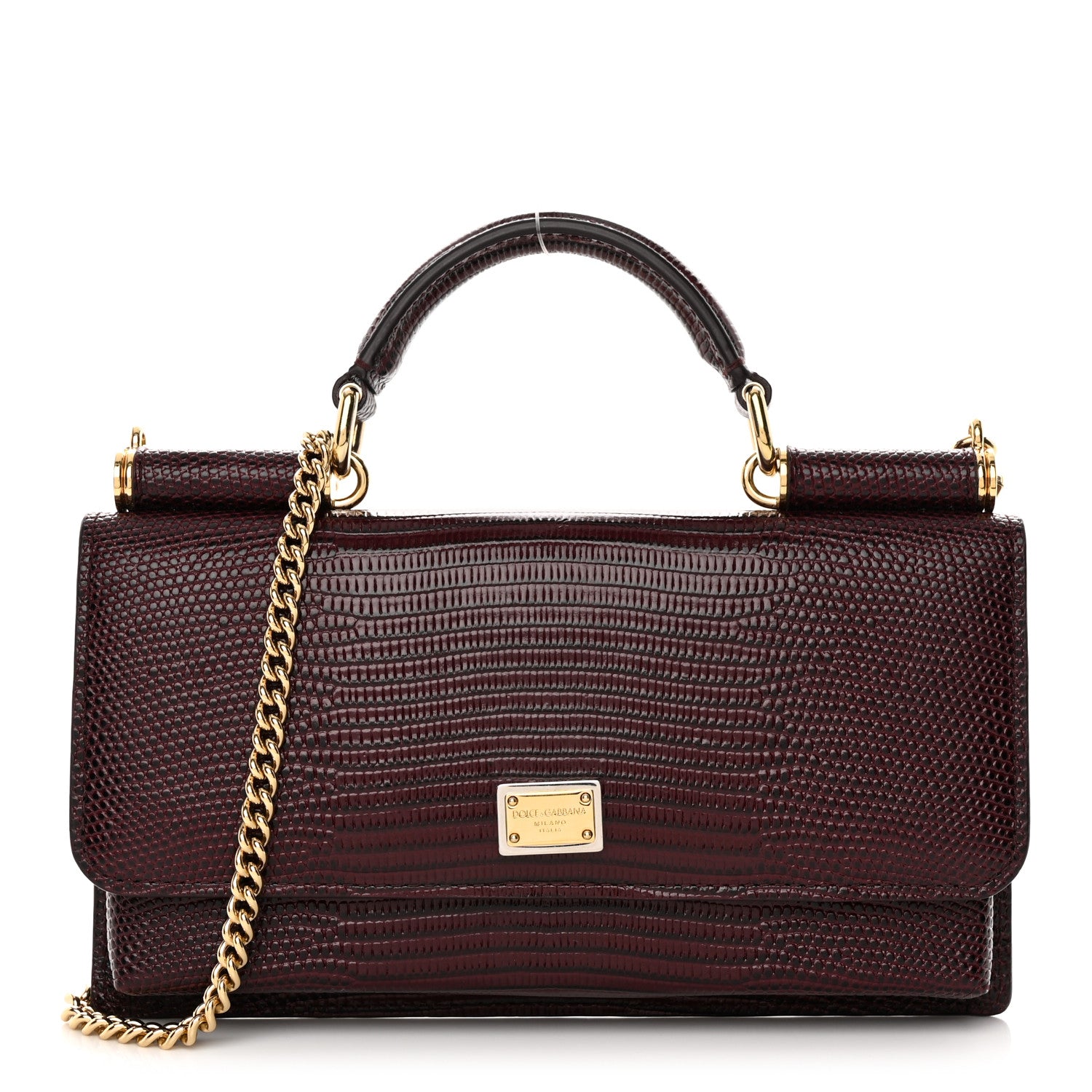 Dolce & Gabbana Iguana Calfskin Embossed Mini Miss Sicily Chain Wallet Burgundy 1 of 11