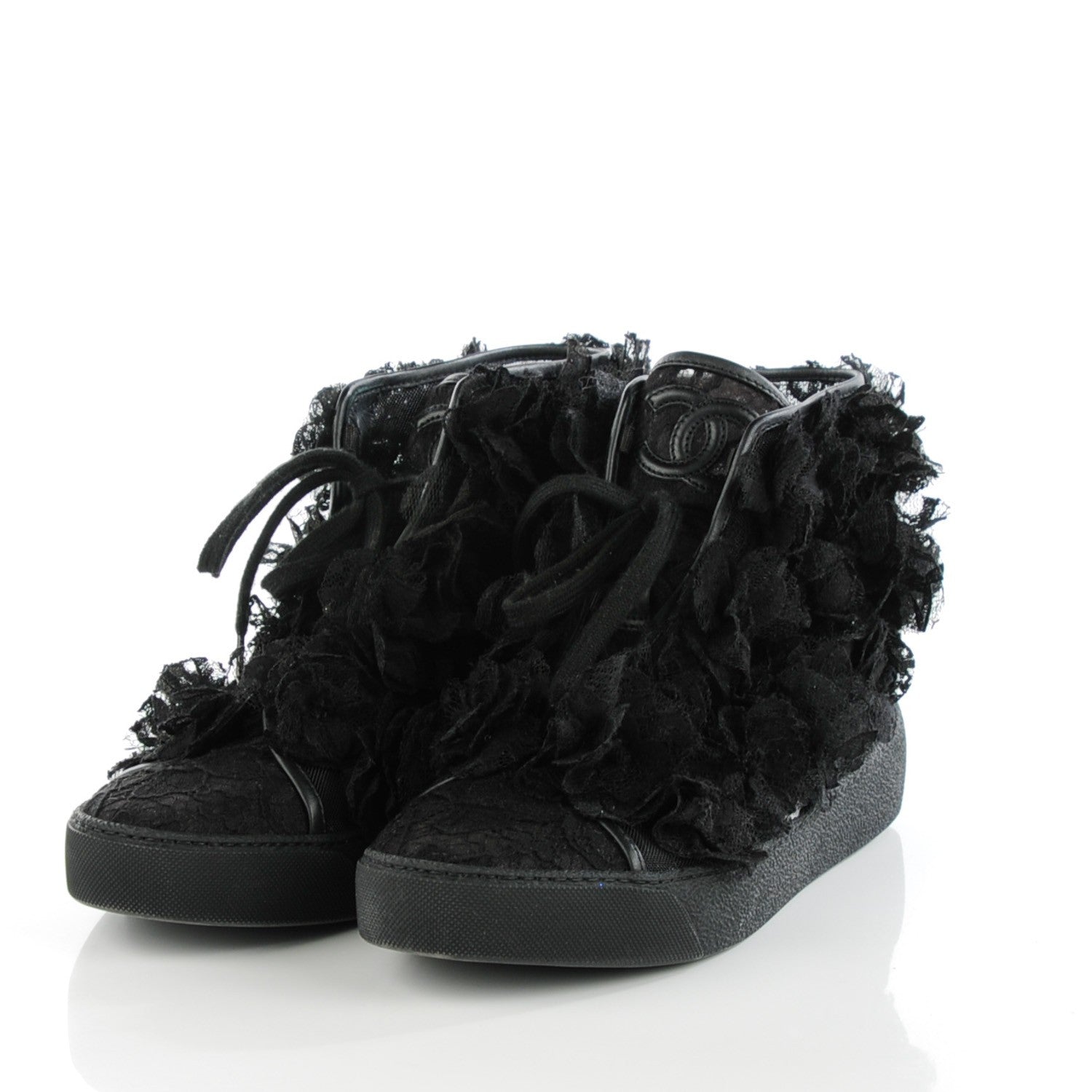 Chanel Lace Mesh Camellia High Top Sneakers 38 Black 3 of 7