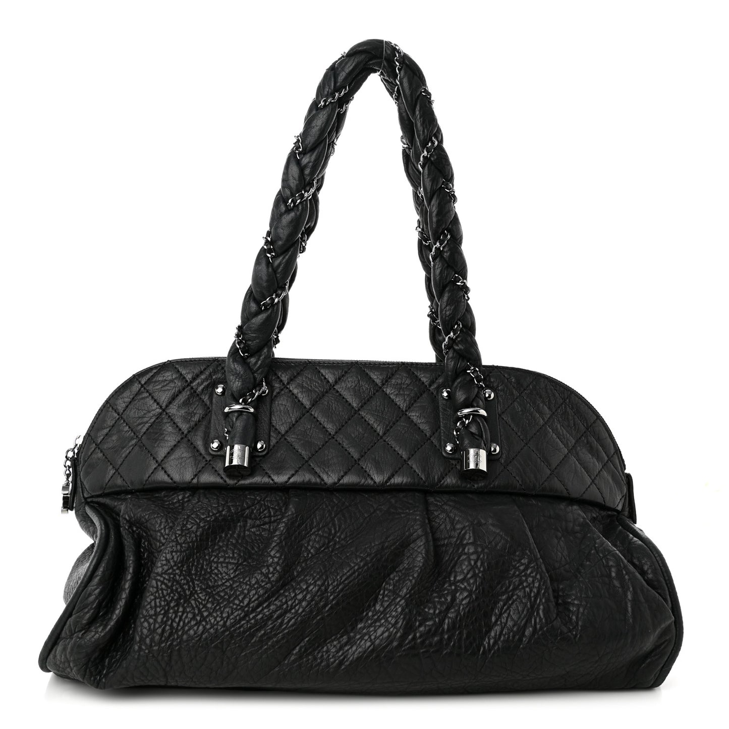 Distressed Lambskin Large Lady Braid Satchel Black