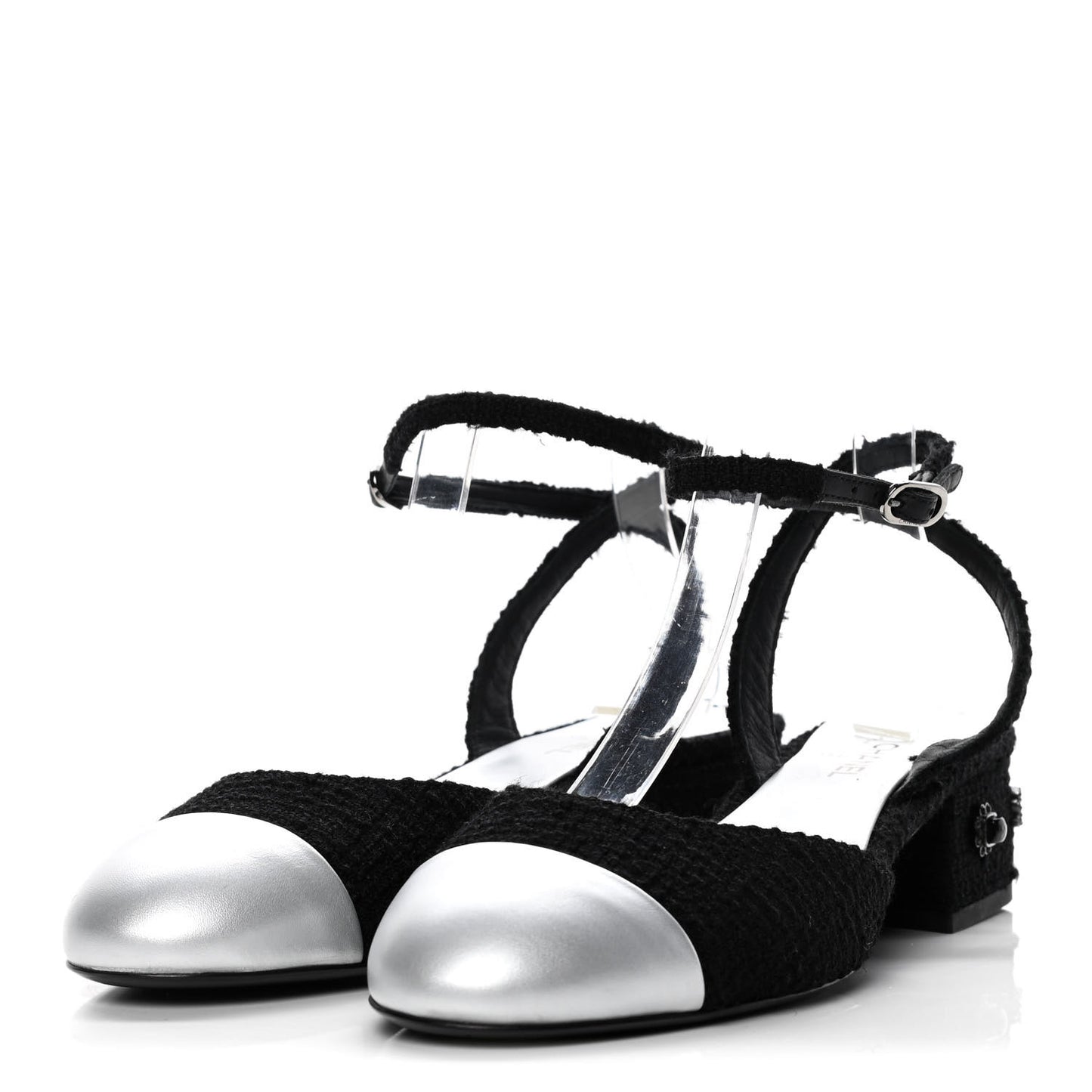 Tweed Iridescent Calfskin Cap Toe CC Slingback Pumps 39 Black Silver