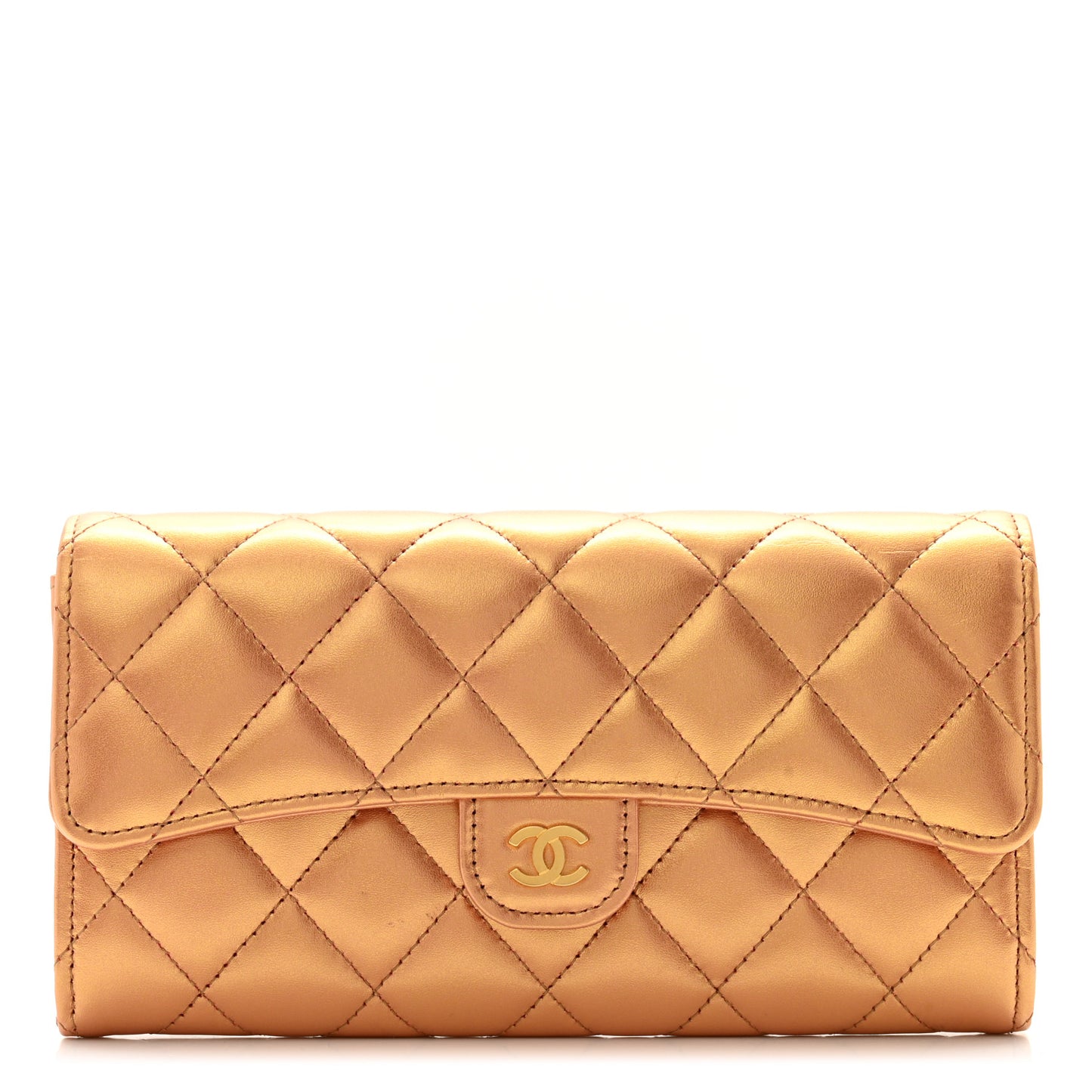 Metallic Lambskin Quilted Large Gusset Flap Wallet Golden