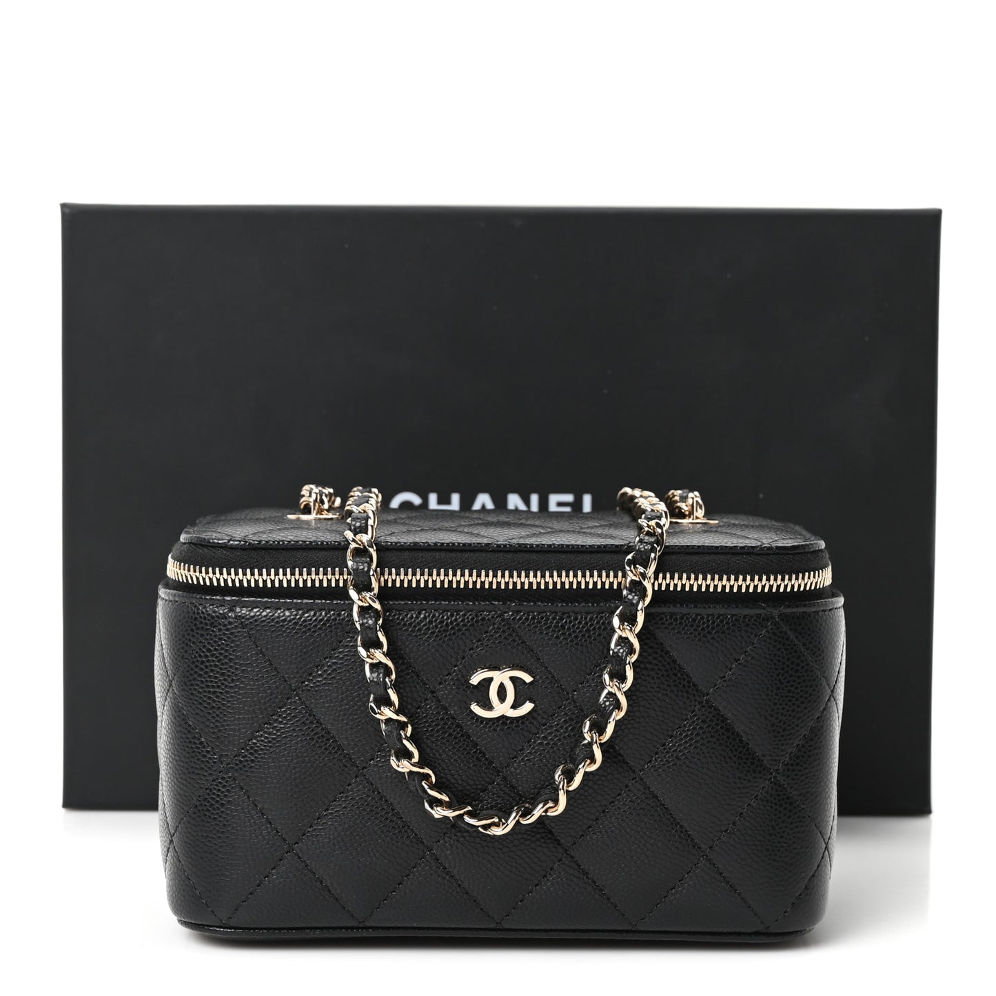 Caviar Quilted Small Vanity Case With Chain Black