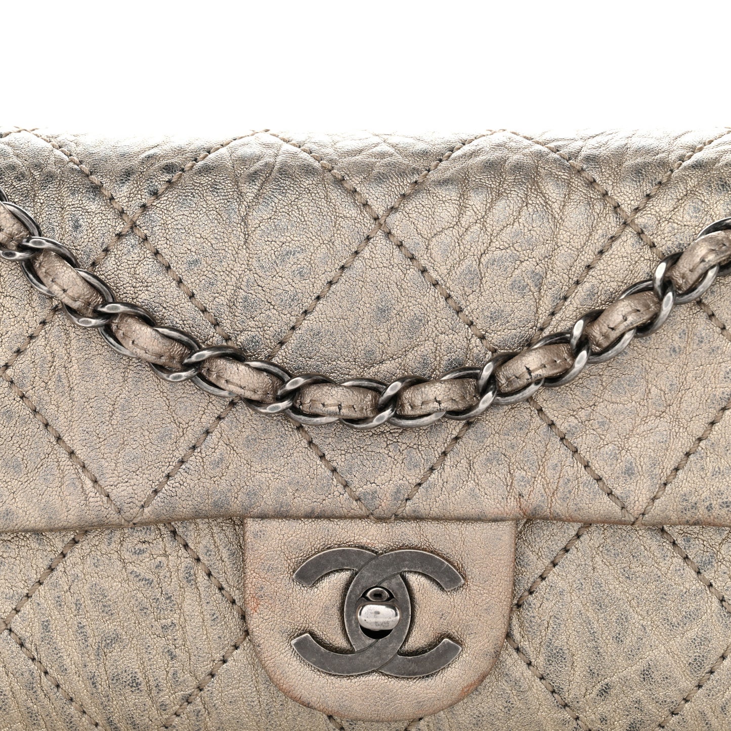 Distressed Metallic Lambskin Quilted Le Marais Ligne Flap Gold