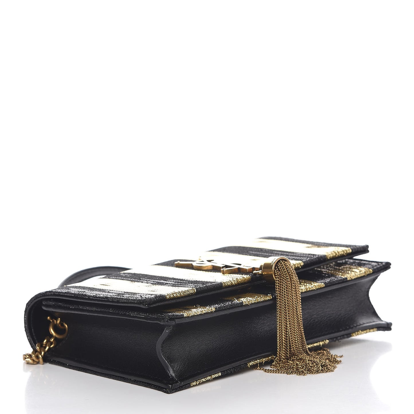 Sequin Striped Classic Monogram Kate Tassel Chain Wallet Black Gold