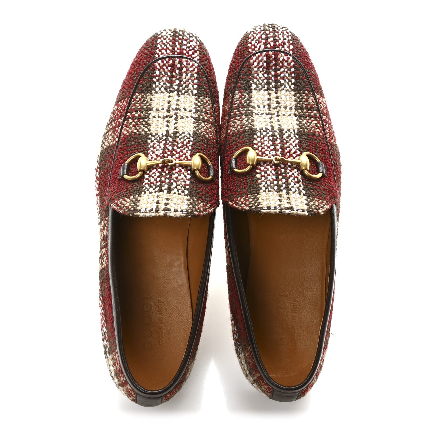 Gucci Vintage Tweed Check Horsebit Mens Jordaan Loafers 9 Red Beige White 2 of 10