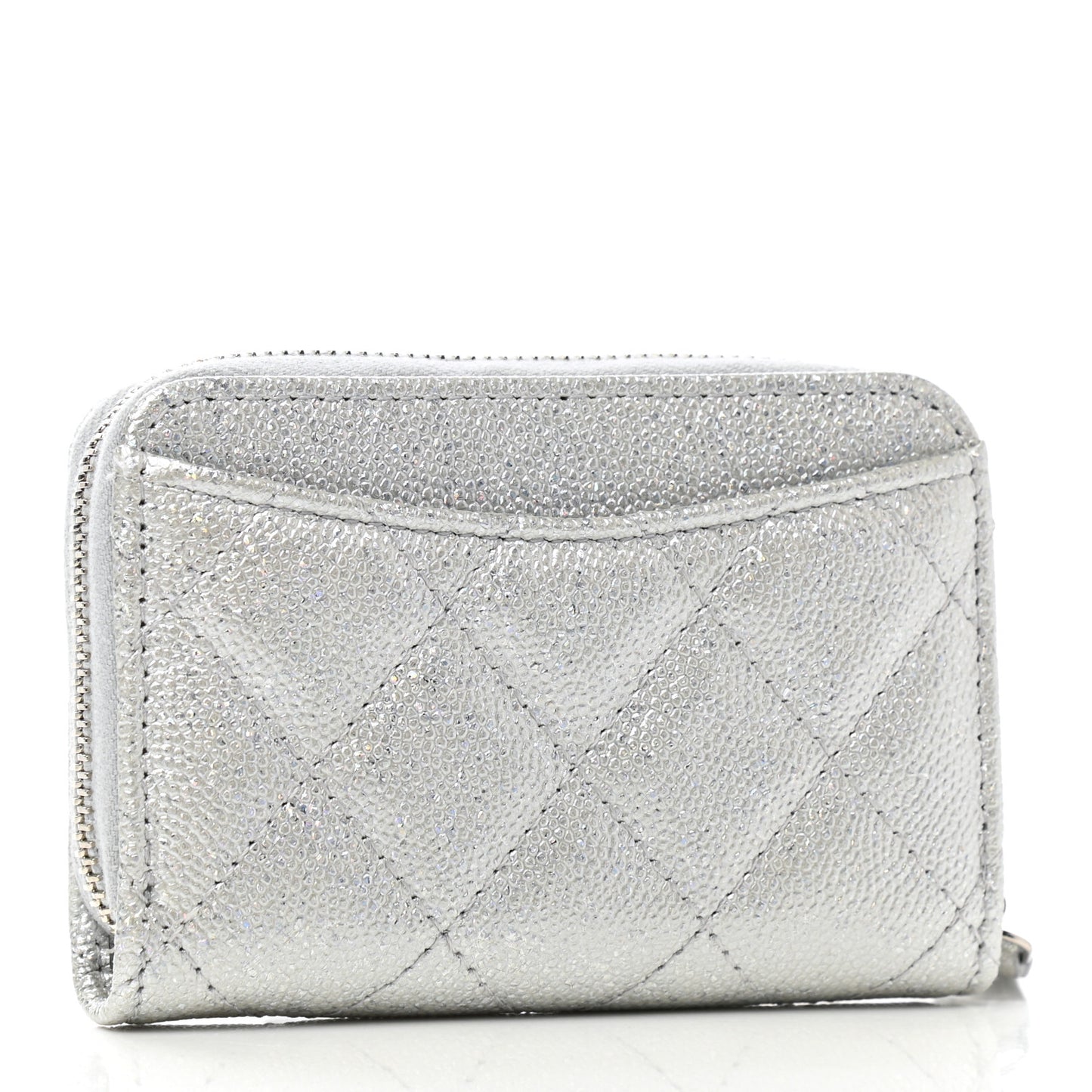 Glittered Metallic Caviar Quilted Zip Coin Purse Wallet Silver