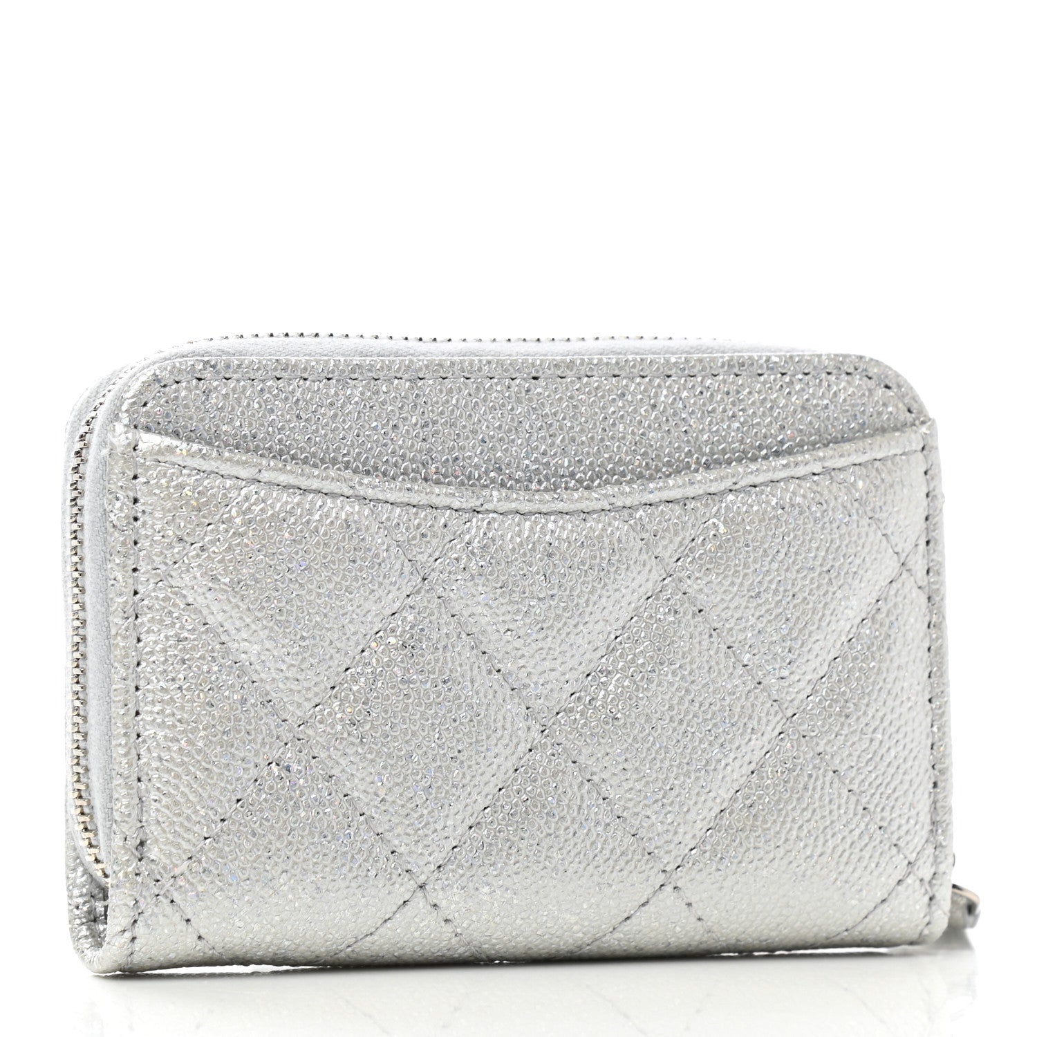 Chanel Glittered Metallic Caviar Quilted Zip Coin Purse Wallet Silver 3 of 8