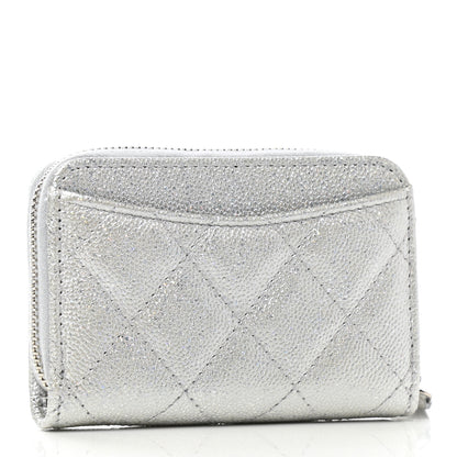 Chanel Glittered Metallic Caviar Quilted Zip Coin Purse Wallet Silver 3 of 8