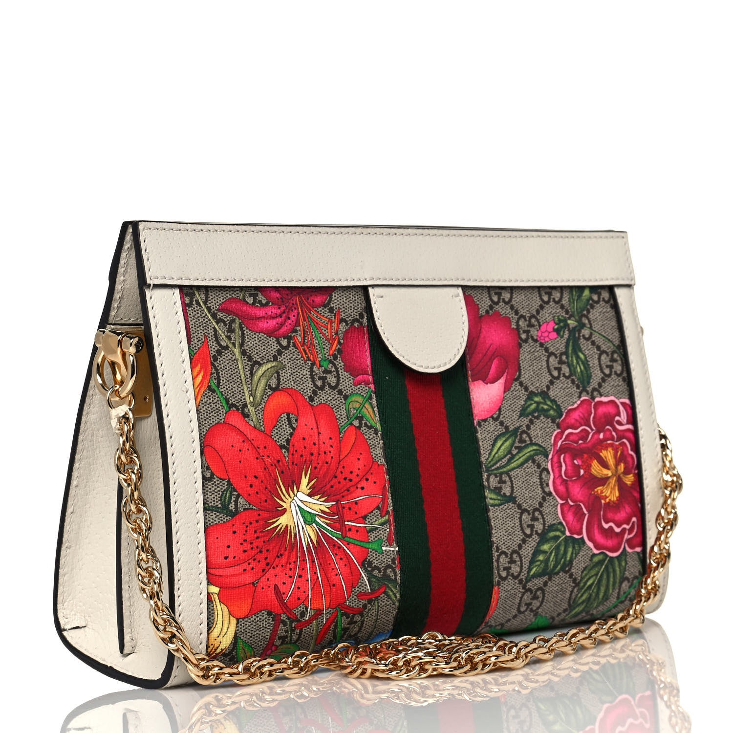 Gucci GG Supreme Monogram Flora Web Small Ophidia Chain Shoulder Bag White 3 of 14