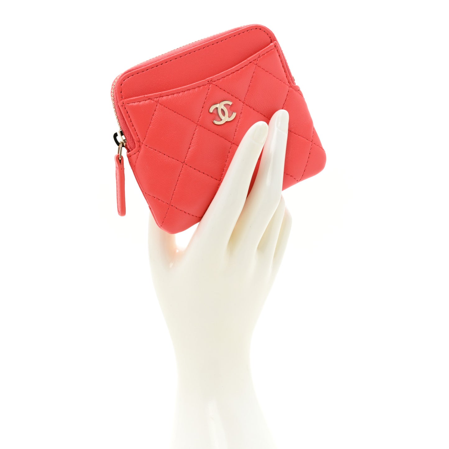 Lambskin Quilted Zip Card Holder Wallet Coral