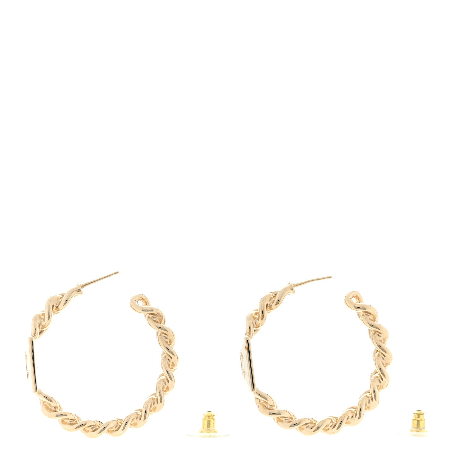 Chanel Metal Enamel CC Square Chain Hoop Earrings Gold White 3 of 4