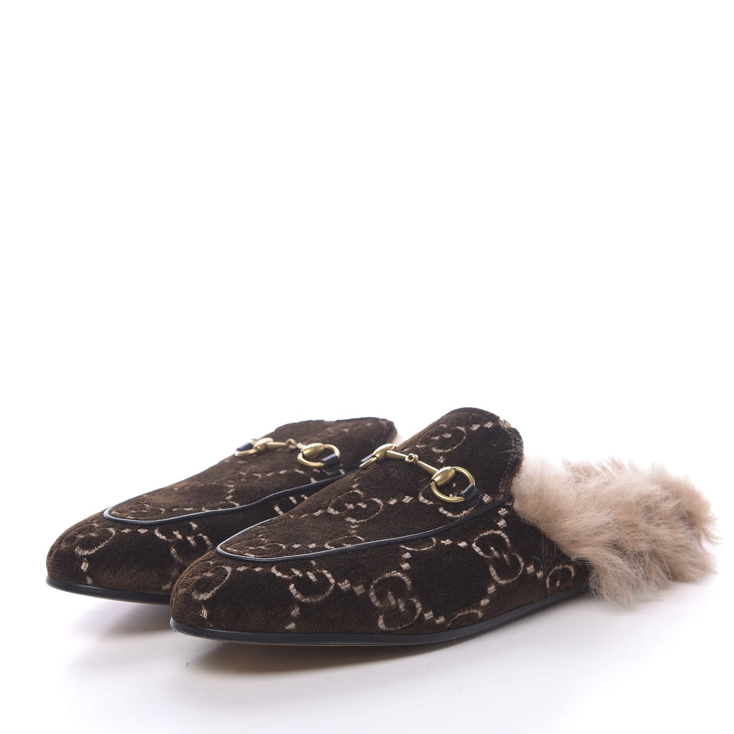 Velvet GG Monogram Fur Womens Princetown Slippers 40 Brown Black Natural